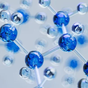 Close-up of a molecular structure with blue atoms connected by bonds.